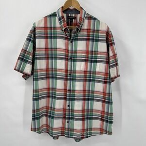 Lands' End Shirt Mens XL Plaid Short Sleeve Pink Green Preppy Traditional Fit